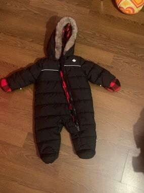Black Puffer Kids One-Piece Snowsuit with Red Plaid Trim 6-12 months